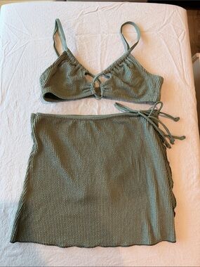 Aerie crinkle Olive Green Bikini Top , bottom & Skirt Set